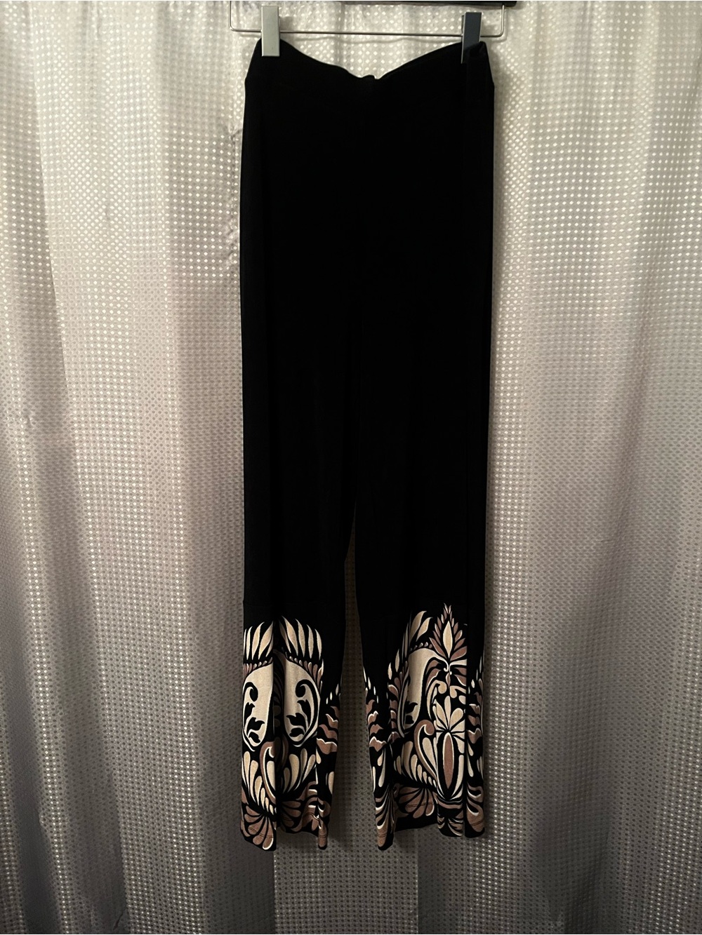 Wide-Leg Black Pants with Neutral Floral Hem